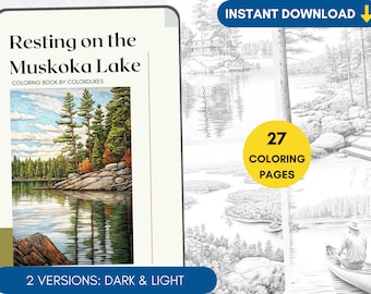 27 Coloring Pages Muskoka Lake Coloring Book, Grayscale Coloring Book for Adults, Forest Landscape Coloring Page, Coloring Pages for Pigment