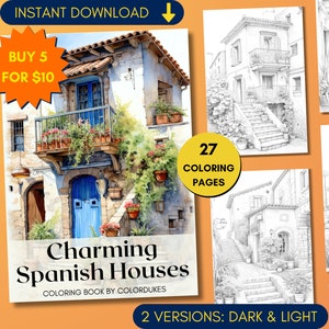 27 Spanish Houses Coloring Pages, Italian Village Grayscale Adult Coloring Book, Architecture Coloring Sheets, Digital Coloring PDF