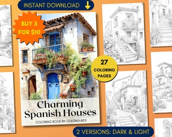 27 Spanish Houses Coloring Pages, Italian Village Grayscale Adult Coloring Book, Architecture Coloring Sheets, Digital Coloring PDF