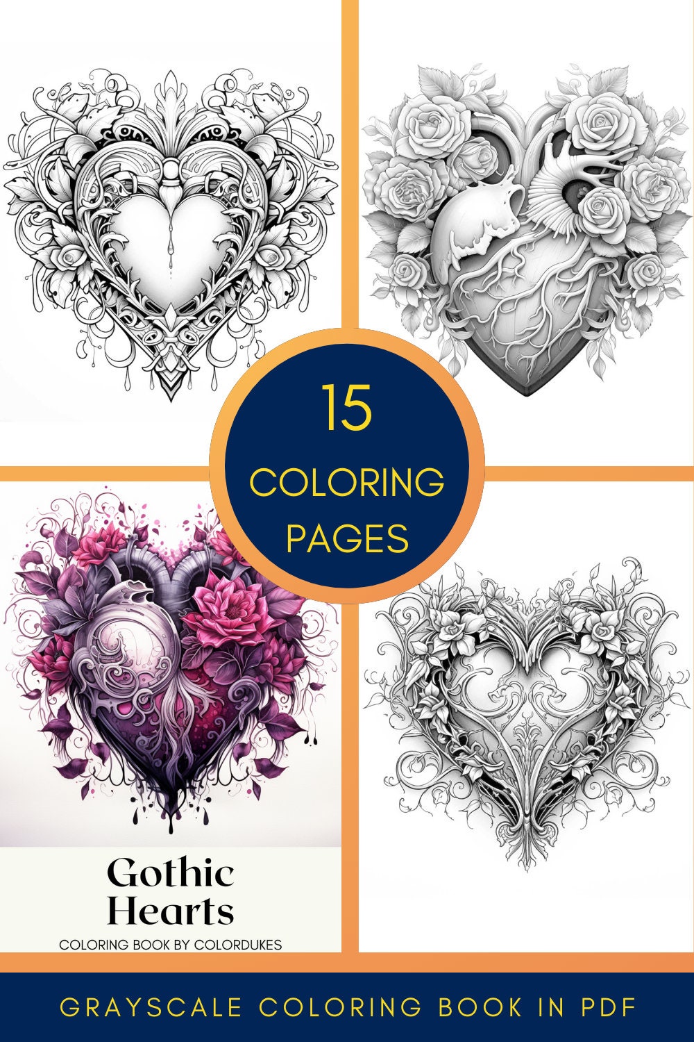 Gothic Hearts Coloring Pages, Valentines Day Adult Coloring Book, Love Coloring Sheets, Digital ...