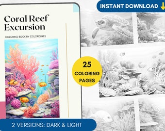 25 Coloring Pages, Coral Reef Coloring Book Summer Grayscale Coloring Book for Adults, Pigment Coloring Page PDF, Undersea Coloring