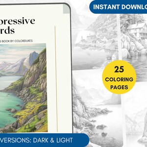 25 Coloring Pages, Fjords Grayscale Adult Coloring Book, Mountains Coloring, Sea Landscape Coloring Pages for Pigment, Printable PDF