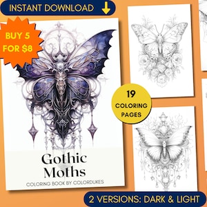 19 Gothic Moths Coloring Pages Grayscale, Halloween Coloring Book for Adults, Dark Academia Coloring Sheets, Digital PDF