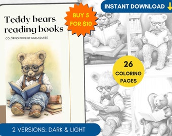 26 Coloring Pages, Teddy Bears with Books, Grayscale Adult Coloring Book Kids Coloring, Gift for Book Lovers, Cute Coloring Page for Pigment