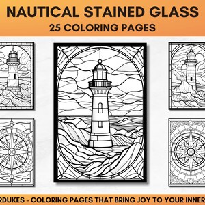Set of 25 adult coloring pages of nautical stained glasses featuring ships, lighthouses, tropical islands, anchors, and sea animals.