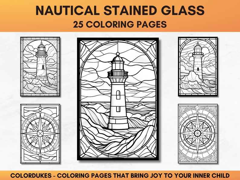 Set of 25 adult coloring pages of nautical stained glasses featuring ships, lighthouses, tropical islands, anchors, and sea animals.