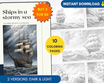 10 Coloring Pages, Ships in a Stormy Sea Grayscale Adult Coloring Book, Advanced Coloring, Ocean Coloring Pages for Pigment, Printable PDF