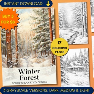 Winterwald Malseiten in Graustufen, Verschneite Bäume Malbuch, verschneite Bäume, Landschaft zum ausdrucken, digitaler Download