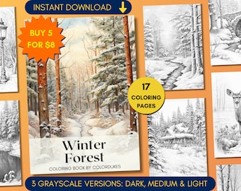 Winter Forest Coloring Pages in Grayscale, Snowy Trees Coloring Book for Adults, Landscape Coloring Sheets, Digital Download
