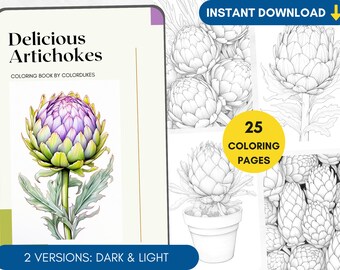 25 Coloring Pages Artichoke Coloring Book for Adults Grayscale, Plants Coloring Page, Watercolor Coloring Autumn, PDF Print at Home Coloring