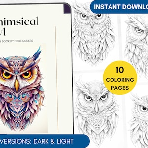 10 Coloring Pages Owl Coloring Book for Adults, Whimsical Owl Coloring Pages, Magic Animal Coloring, Digital Coloring PDF Printable