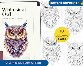 10 Coloring Pages Owl Coloring Book for Adults, Whimsical Owl Coloring Pages, Magic Animal Coloring, Digital Coloring PDF Printable