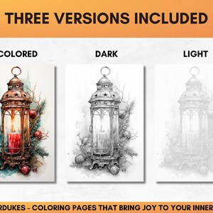 Set of 18 Christmas coloring pages showing charming lanterns in winter scenery