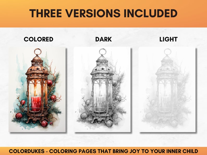 Set of 18 Christmas coloring pages showing charming lanterns in winter scenery