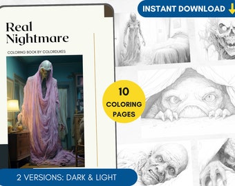 10 Coloring Pages Real Nightmare Coloring Book for Adults Grayscale Creepy Coloring Halloween Coloring Sheets, Printable Coloring PDF