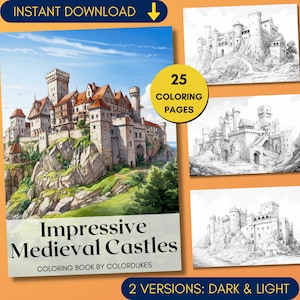 25 Grayscale Coloring Pages for Adults, Medieval Castles Coloring Book Printable, Digital Coloring Sheets, PDF