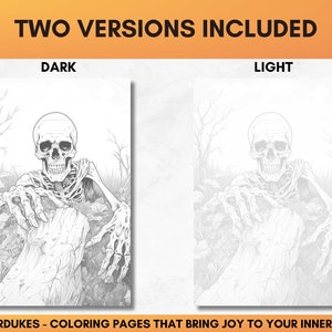 Set of 44 grayscale coloring pages for adults featuring Halloween themed images of skeletons, ghosts, zombies, witches, haunted houses, skulls, graveyards, monsters and much more