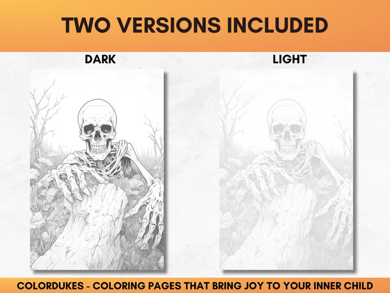 Set of 44 grayscale coloring pages for adults featuring Halloween themed images of skeletons, ghosts, zombies, witches, haunted houses, skulls, graveyards, monsters and much more