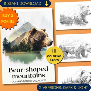 10 Adult Coloring Pages, Mountain Bear Coloring Book in Grayscale, Landscape Coloring Sheets, Printable PDF