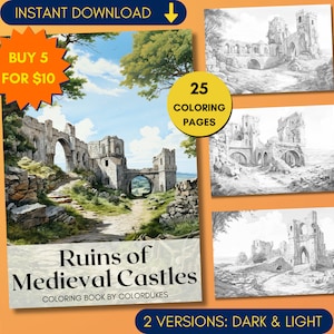 25 Adult Coloring Pages, Medieval Castles Coloring Book in Grayscale, Ruined Castles Coloring Sheets, Printable PDF
