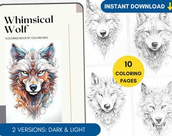 10 páginas para colorear libro para colorear de lobo para adultos, páginas para colorear de animales para pigmento, colorante de fantasía, colorante Digital PDF imprimible