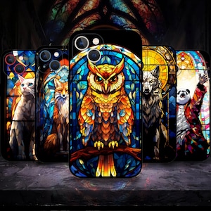Funda de vitral con diseño de animales para iPhone 17/16/15/14/13/12/11 S25 S24 S23 S22 S21 S20 A55 A54 A53 A35 A34 A15 A14 Google 7 8 9 10 LED Flash