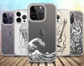 Black & White Pattern Clear Photo Case für iPhone 17/16/15/14/13/12/11 S24 S23 S22 S21 A55 A54 A53 A35 A34 A15 A14 Google Pixel 7 8 9 10
