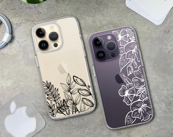 Flower Plant Feather Deer Pattern Clear Phone case for iPhone 15/14/13/12/11/SE S24 S23 S22 S21 A54 A53 A35 A34 A15 A14 Google Pixel 8A