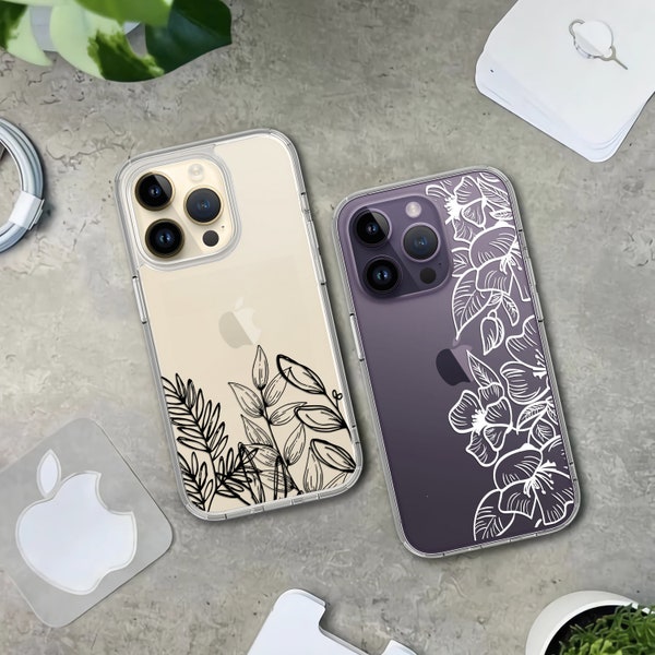 Flower Plant Feather Deer Pattern Clear Phone case for iPhone 15/14/13/12/11/SE S24 S23 S22 S21 A54 A53 A35 A34 A15 A14 Google Pixel 8A