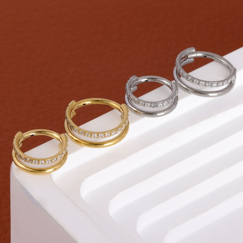 F-136 Titanium Cubic zirconia Septum Ring Silver&Gold, 1.28/10mm, Boucle doreille Daith Hoop, Bague Helix, Bijoux piercing articulés, Emballage cadeau image 3