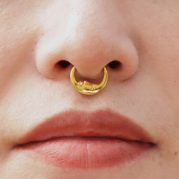 F-136 Titanium Moon Man Hinged Septum Gold&Sliver, 1.2*8mm/10mm, boucle d’oreille Daith Hoop, anneau Helix, bijoux piercing en titane, anneau de nez