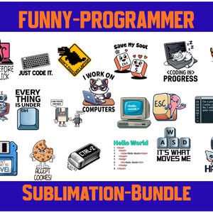 May include: A collection of humorous programmer-themed graphics. The designs include a cat on a laptop, keyboard keys, a dinosaur warning sign, and a cookie. Text includes "Think Before You Click" and "Coding in Progress."