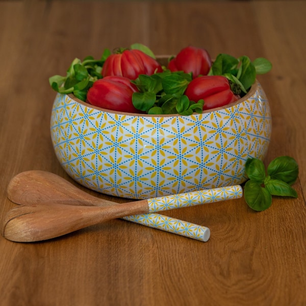 Handgemachte Mangoholz Salatschüssel & Obstschale (26cm) inklusive Besteck - ein toller Blickfang und ein perfektes Geschenk