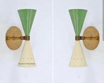 1920S Modern Brass Mid Century Vintage Green Wall lamp Diabolo Italian Sconce Stilnovo Sputnik Wall Green & White