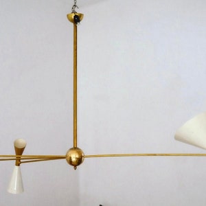1950's Mid Century Four Arm Brass Asymmetrical Chandelier, White Gold Pivot Shades, Style Mid Century Industrial Ceiling Fixture
