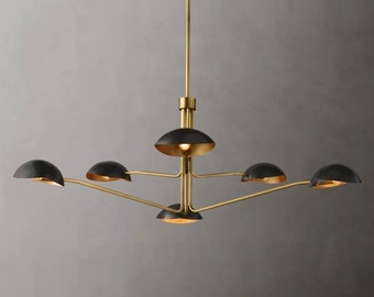 1950&#39;s Mid Century Antique Brass Black Orb Sputnik Italian Ceiling Handmade Vintage Chandelier 2 Tier Curved Arms Fully Brass Light Fixture