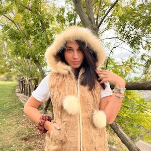 Beige Astrakhan Fur Vest: Handmade Sleeveless Fox Fur Hood