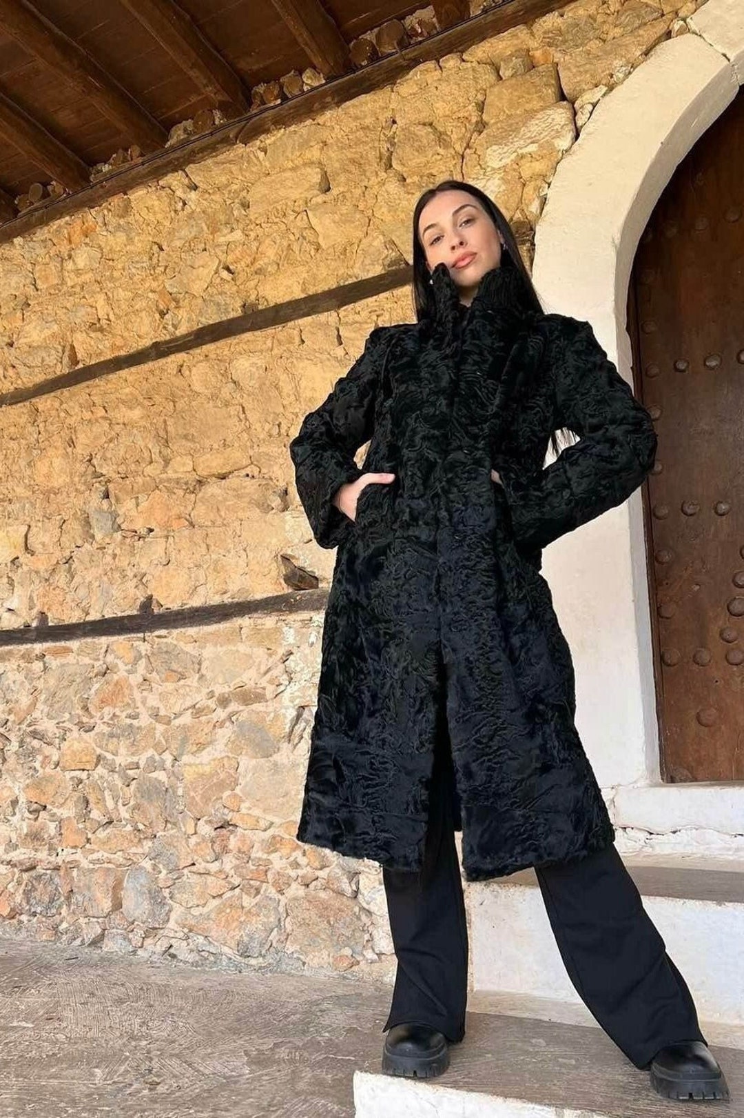 Real Fur Coat Made of Astrakhan Fur in Black, Astrakhan Fur Coat, Black Real Fur Coat, Handmade