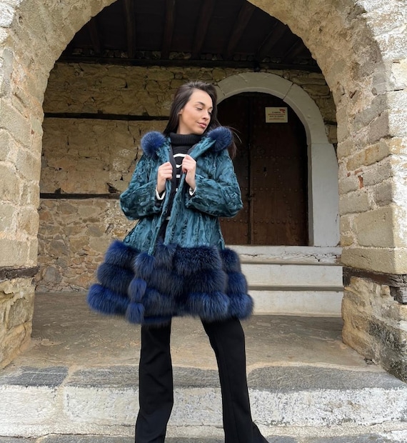 Emerald Astrakhan Fur Coat: Handmade Blue Fox Fur Trim - Etsy