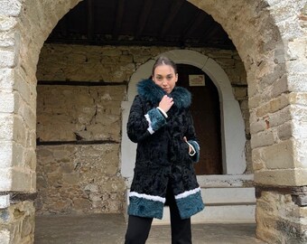 Handmade Astrakhan Fur Coat, Green Fox Hood, Striped Black Coat