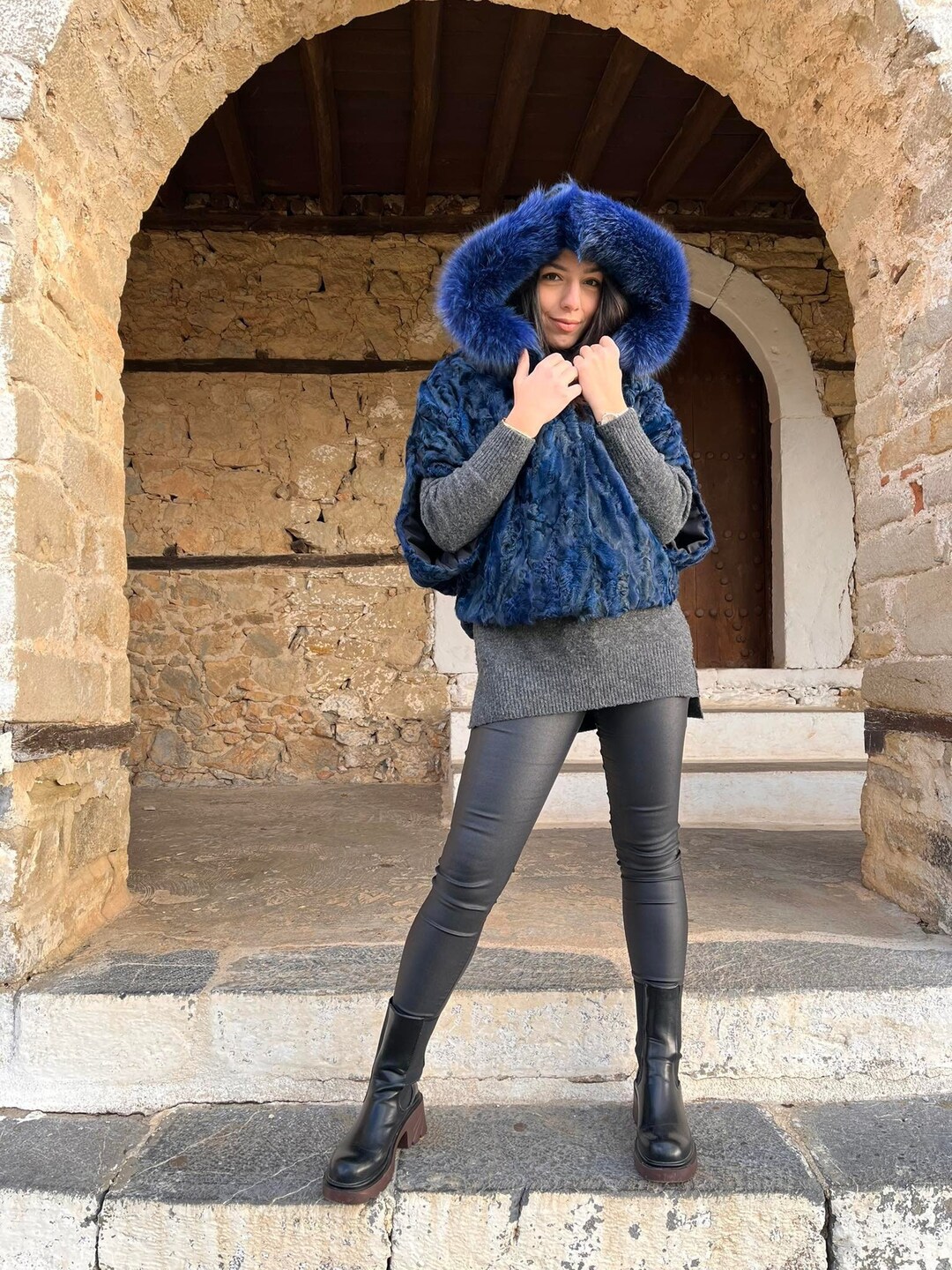 Real Short Blue Astrakhan Fur Jacket With Fox Fur Hood, Astrakhan Fur