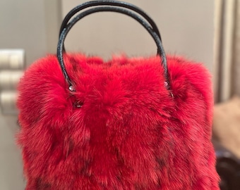 Luxurious Crimson Red Fox Fur Handbag With Chain and Strap Options