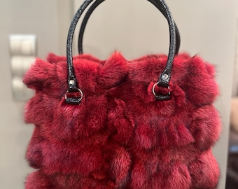 Genuine Fox Fur Handbag: Luxury Red Fur Purse with Leather Handles