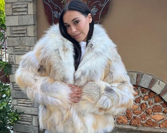 Giacca in vera pelliccia di volpe, cappotto in pelliccia naturale fatto a mano, elegante capospalla invernale corto