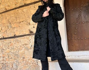 Manteau Vintage Astrakan Années 60 - Col Vison & Ceinture Cuir - Taille 36