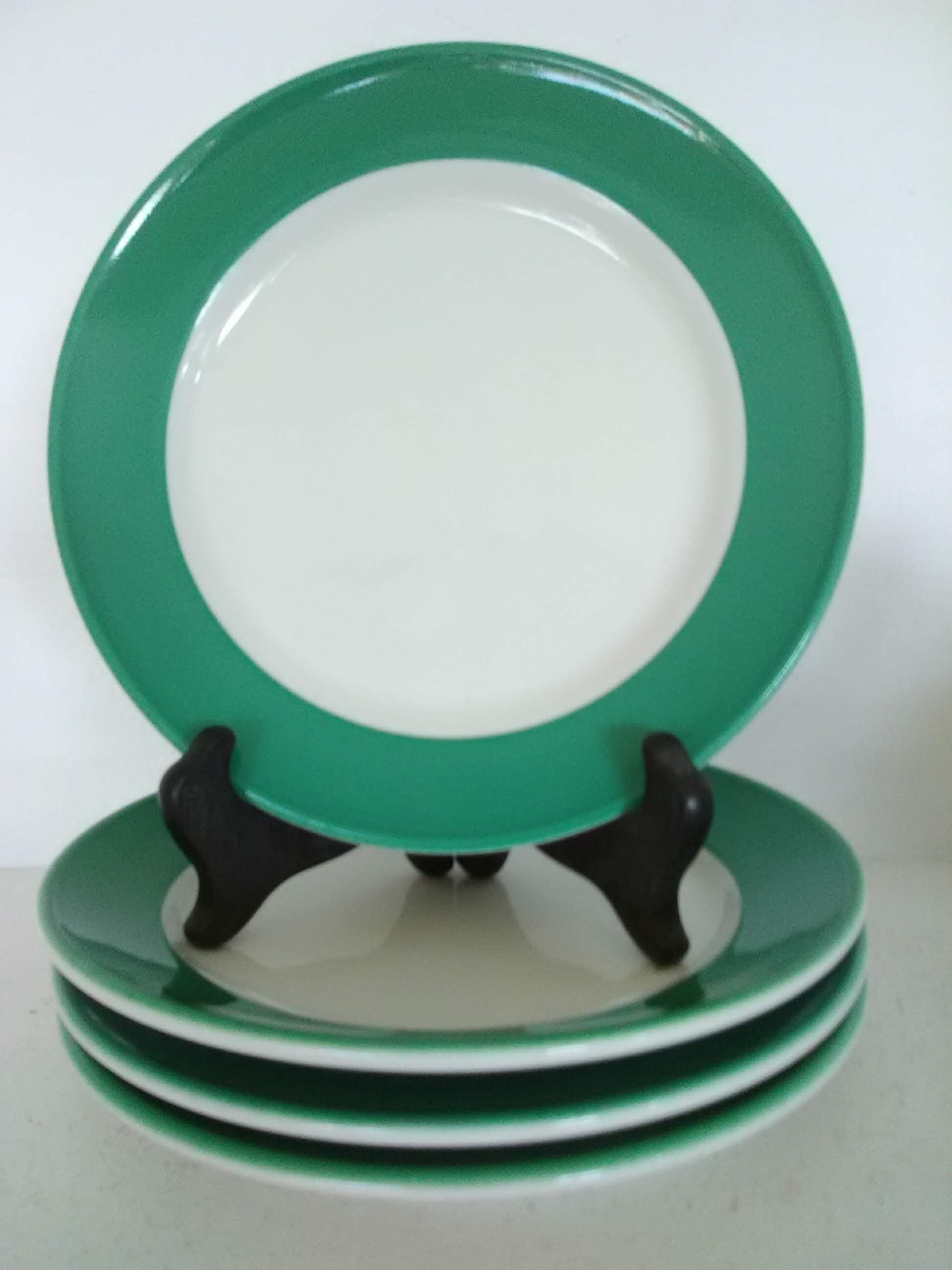 Plates Vintage Shenango Anchor Hocking Set 4 Salad Dessert White Green  Border 7