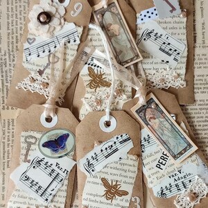 Geschenkanhänger 6er Set handgeschöpft Shabby Papier Ephemera Unikat No 2 Alike 10cm