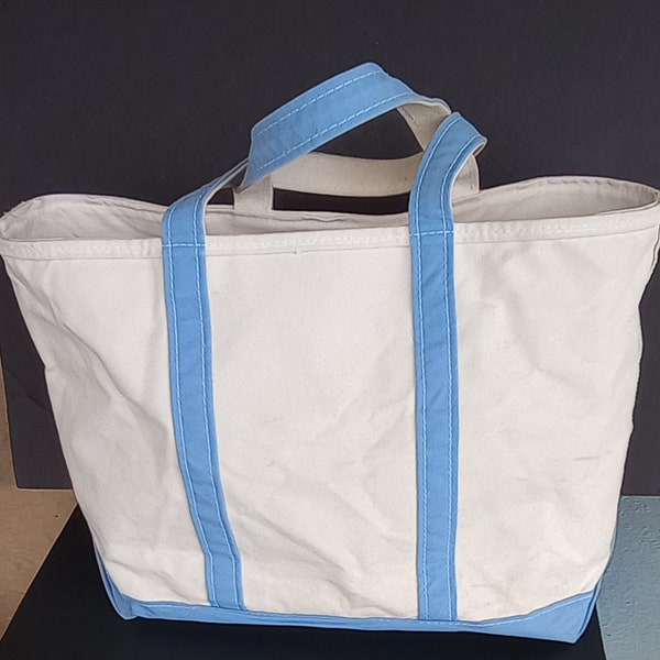 Bag Tote LL Bean Canvas Lt Blue Brass Zip Inner Pocket Travel Vintage 90s