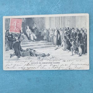 Francuska Brocante Antyczna pocztówka Powrót Kolumba Biały znaczek z obramowaniem Niepodzielony
