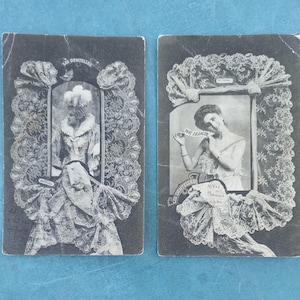 Brocante française 2 cartes postales anciennes Belle Epoque Fashion "Dentelles" dentelle Rare
